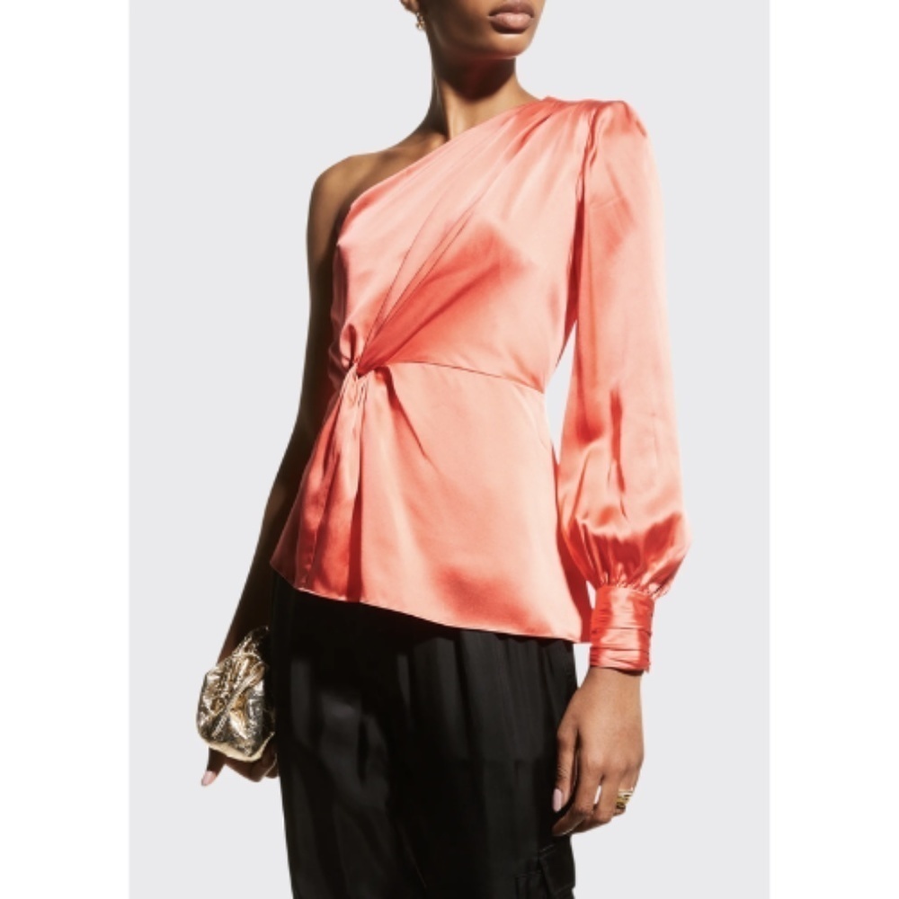 NWT CINQ A SEPT Stace Draped One-Shoulder Silk Top in Neon Coral Sz. S